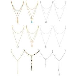 Florideco 12Pcs Layered Necklaces Set for Women Feather Pearl Long Choker Crescent Moon Pendant Multilayer Necklace Dainty Lariat Necklace