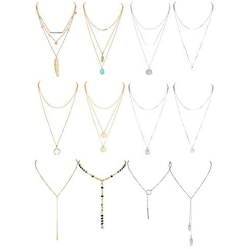 Florideco 12Pcs Layered Necklaces Set for Women Feather Pearl Long Choker Crescent Moon Pendant Multilayer Necklace Dainty Lariat Necklace