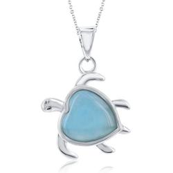 Nautical Turtle Caribbean Natural Larimar Gemstone Heart-Shaped Sterling Silver Pendant 18’’ Necklace Jewelry for Women or Teens