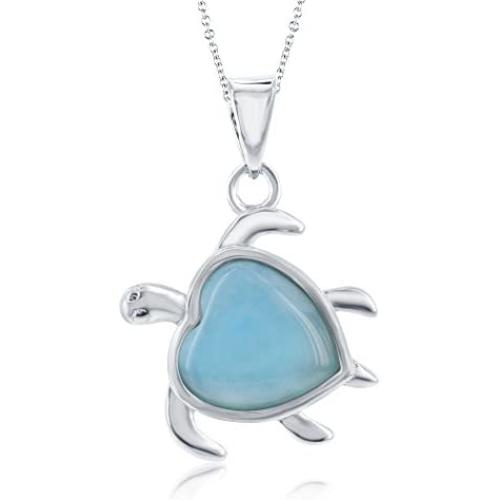 Nautical Turtle Caribbean Natural Larimar Gemstone Heart-Shaped Sterling Silver Pendant 18’’ Necklace Jewelry for Women or Teens