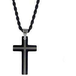 Yeidid International Mens Black Stainless Steel Cross Pendant, Black 4mm Rope Chain Necklace 24''