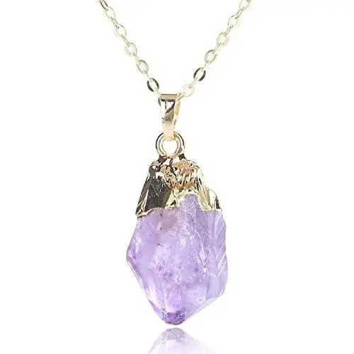 KISSPAT Unpolished Raw Amethyst Stone Pendant Necklace with 26 Long Chain KISSPAT Unpolished Raw Amethyst Stone Pendant Necklace with 26 Long Chain