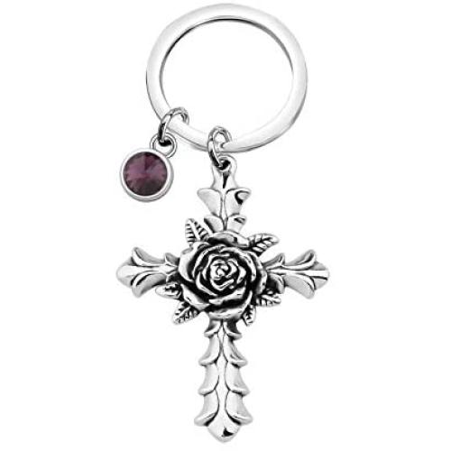SEIRAA Rose Cross Keychain with 12 Birthstones Jewelry Memorial Gifts Baptism First Communion Key Ring