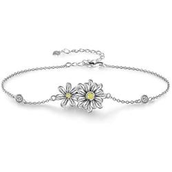 Grecia Sterling Sliver Daisy Bracelet for Women Two Daisies with 5A Cubic Zirconia Adjustable Chain Bracelet, Jewelry Gifts for Girls, for Christmas
