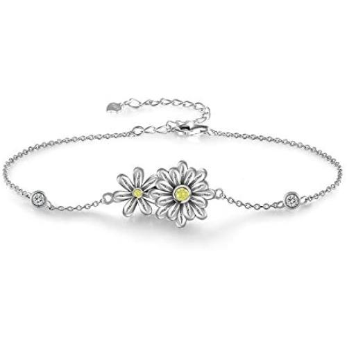 Grecia Sterling Sliver Daisy Bracelet for Women Two Daisies with 5A Cubic Zirconia Adjustable Chain Bracelet, Jewelry Gifts for Girls, for Christmas