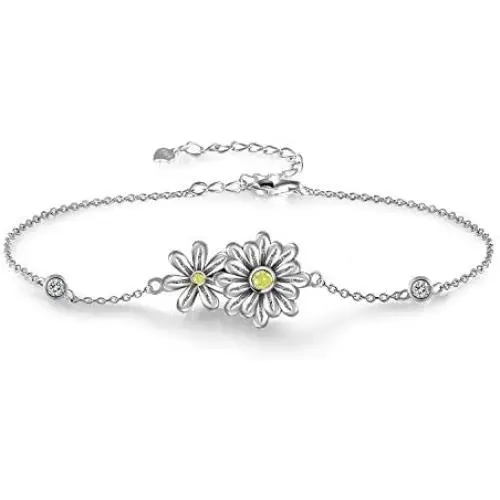 Grecia Sterling Sliver Daisy Bracelet for Women Two Daisies with 5A Cubic Zirconia Adjustable Chain Bracelet, Jewelry Gifts for Girls, for Christmas