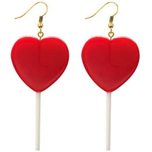Cute Heart Lollipop Candy Color Simulation Food Dangle Earring for Women Girl Funny Jewelry-Red