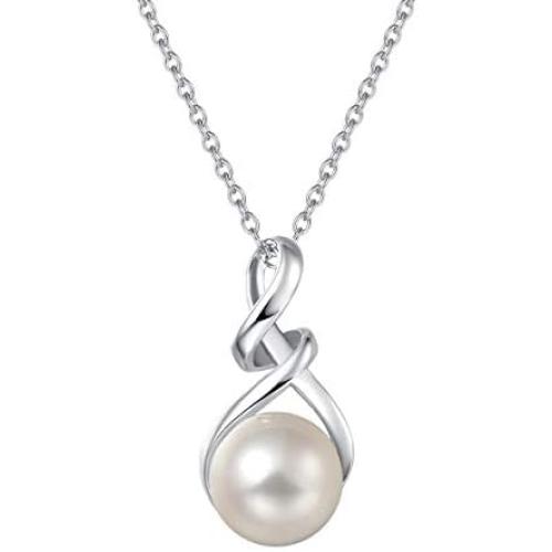 FANCIME Pearl Necklace 9-10mm Genuine Freshwater Pearl in Sterling Silver Birthstone Necklace for Women Heart Necklace June Birthstone Fine Jewelry for Women