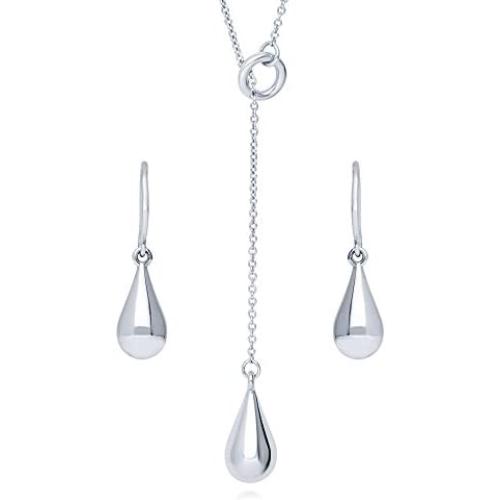 BERRICLE Rhodium Plated Sterling Silver Teardrop Fashion Necklace and Earrings Set