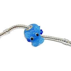 EVESCITY 925 Silver 3D Animals Cute Blue Hippo Hippopotamus Murano Glass Beads Compatible with Charm Bracelets Cute Jewelry Gifts for Her