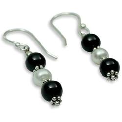 NOVICA Onyx Cream Cultured Akoya Pearl .925 Silver Beaded Hook Earrings, Midnight Dreams
