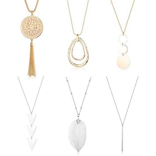 Finrezio 6PCS Long Pendant Necklace Set Tassel Pendant Simple Bar Necklace Strands for Women
