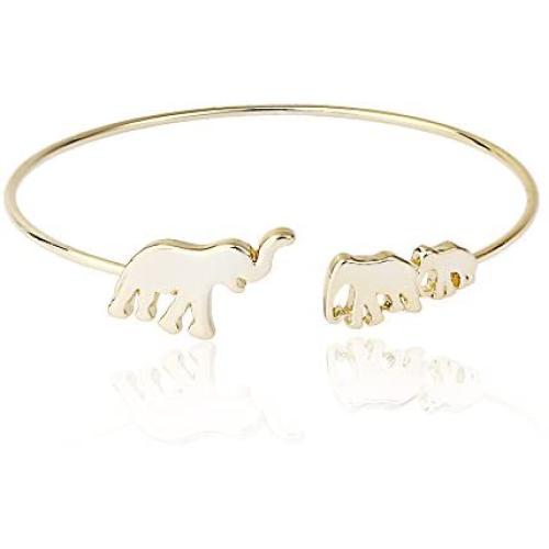 MANZHEN Mom and Baby Elephant Cuff Bangle Animal Family Charm Bracelet