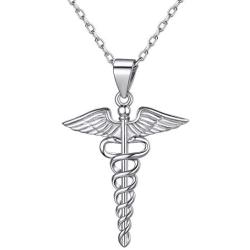 Nofade Silver Caduceus Symbol of Medicine Necklace 925 Sterling Silver Pendant Necklace for Doctor or Nurse Perfect Holiday Gift Jewelry Gift