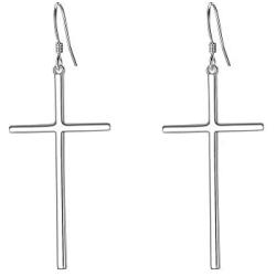 EVER FAITH 925 Sterling Silver Cross Earrings Long Dangle Hook Earring Simple Minimalist Jewelry for Women, Girls