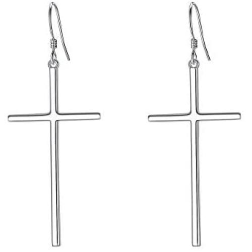 EVER FAITH 925 Sterling Silver Cross Earrings Long Dangle Hook Earring Simple Minimalist Jewelry for Women, Girls
