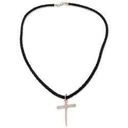 NOVICA Sterling Silver Mens Cross Pendant Necklace with 20'' Braided Leather Cord, Holy Sacrifice