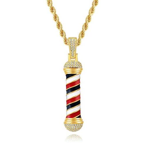 TENGLAI Hip Hop Barber Necklace for Men, Punk Iced Out Rotating Barbershop Brass Jewelry Silver Plated Pendant Necklace Come with 24” Rope/Box Chain