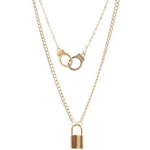 Ursumy Punk Layered Long Necklaces Gold Handcuffs Necklace Chain with Lock Pendant Necklace Jewelry for Women and Girls