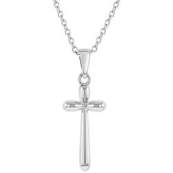 925 Sterling Silver Plain Stick Small Cross Pendant Necklace for Children 16''