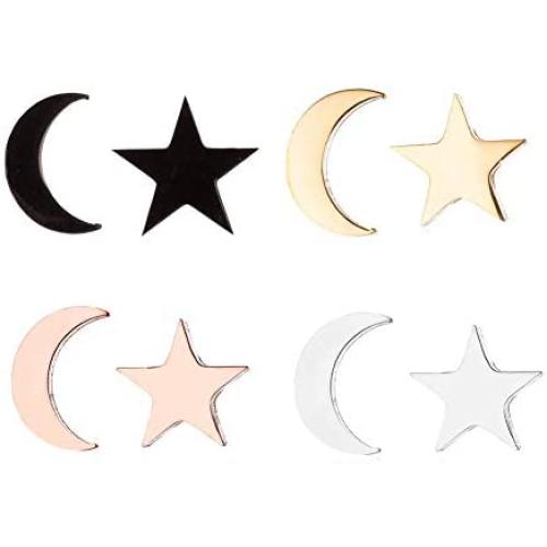 4 Pairs Tiny Stud Earrings Set for Girls Stainless Steel Hypoallergenic Cute Moon Star Stud Earrings for Women Children Valentines Day Birthday Gifts (4 Pairs Moon Star)