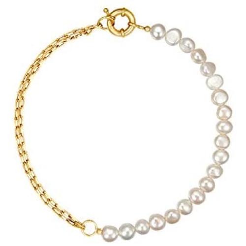 YorzAhar Double Layered Chunky Gold Statement Chain Link Choker Necklaces, Dainty Pearls Stitching Necklaces for Woman Girls Jewelrly