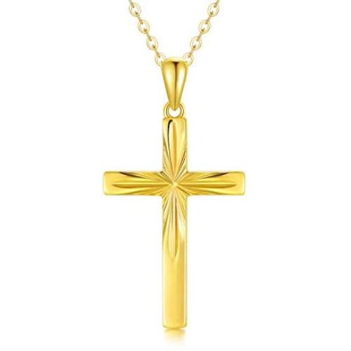 14K Solid Gold Cross Necklace for Women, Delicate Gold Italian Diamond-cut Cross Pendant Necklace Religious Jewelry for Girl, Wife, Mom, 16''-18''