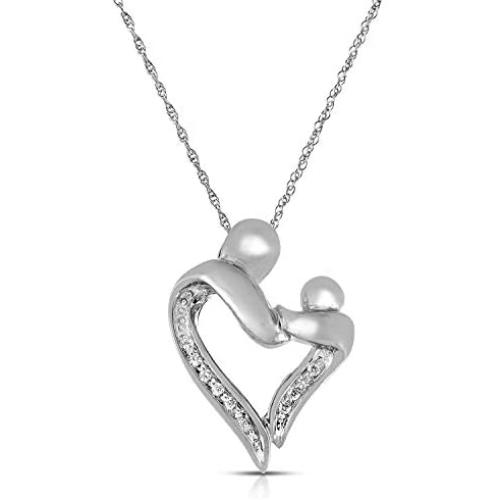 The Diamond Deal Mother and Child/Daugther Diamond Accent Heart Pendant Charm Necklace in 10k SOLID White OR Yellow Gold with 18 inch Chain Mothers Day Gifts Jewelry
