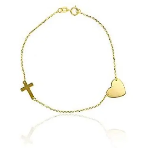10K Yellow Gold Diamond Cut Polished Heart Charm and Sideways Cross Bracelet, 10K Yellow Gold Diamond Cut Polished Heart Charm and Sideways Cross Bracelet,