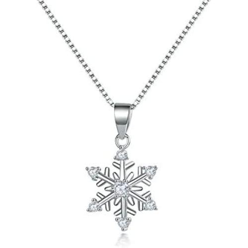 Hadskiss Silver Snowflake Jewelry Set for Women, 925 Sterling Silver Snowflake Stud Earrings, 45cm Silver Pendant Necklace with White Cubic Zirconia for Girlfriend Lady, for Christmas