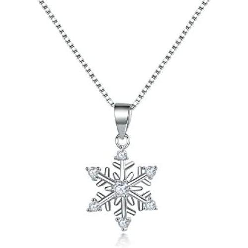 Hadskiss Silver Snowflake Jewelry Set for Women, 925 Sterling Silver Snowflake Stud Earrings, 45cm Silver Pendant Necklace with White Cubic Zirconia for Girlfriend Lady, for Christmas