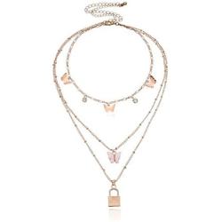 Layered Padlock Lock Pendant Necklaces Vintage Peach Heart Link Chain Butterfly Cubic Zirconia Rose Flower Tag Dainty Choker for Women Men Girls Punk Jewelry