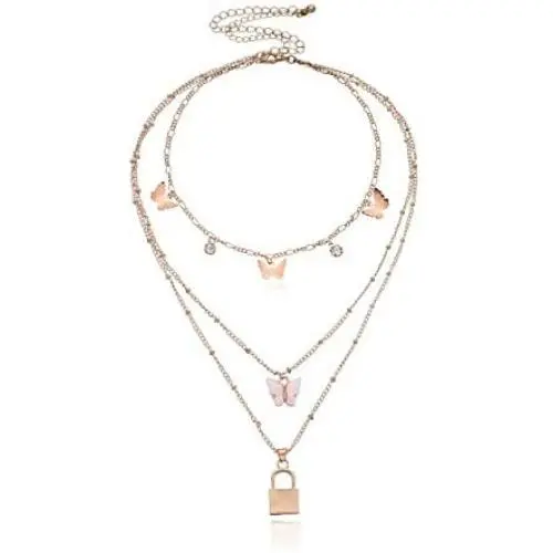 Layered Padlock Lock Pendant Necklaces Vintage Peach Heart Link Chain Butterfly Cubic Zirconia Rose Flower Tag Dainty Choker for Women Men Girls Punk Jewelry