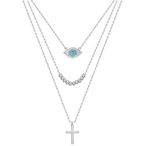 Long tiantian Dainty Layered Necklaces for Women,Multilayer Blue CZ Evil Eye Choker Bead Pendent Necklace for Teen Girls Handmade Lucky Jewelry
