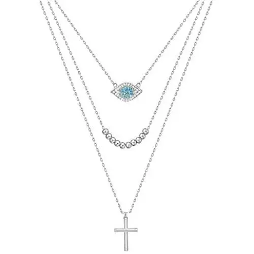 Long tiantian Dainty Layered Necklaces for Women,Multilayer Blue CZ Evil Eye Choker Bead Pendent Necklace for Teen Girls Handmade Lucky Jewelry