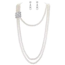 EVER FAITH Womens Crystal Cream Simulated Pearl 1920s Gatsby Multilayer Vintage Bridal Jewelry Set with Flower Brooch
