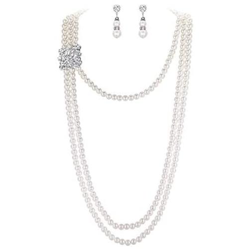 EVER FAITH Womens Crystal Cream Simulated Pearl 1920s Gatsby Multilayer Vintage Bridal Jewelry Set with Flower Brooch