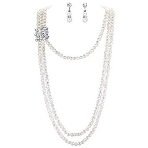EVER FAITH Womens Crystal Cream Simulated Pearl 1920s Gatsby Multilayer Vintage Bridal Jewelry Set with Flower Brooch EVER FAITH Womens Crystal Cream Simulated Pearl 1920s Gatsby Multilayer Vintage Bridal Jewelry Set with Flower Brooch