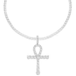 Mens 4mm Real Solid 925 Sterling Silver Tennis Chain Iced Out Tennis Necklace & Bling Cubic Zirconia Egyptian ANKH Cross Pendant