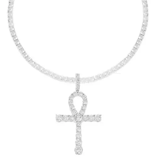 Mens 4mm Real Solid 925 Sterling Silver Tennis Chain Iced Out Tennis Necklace & Bling Cubic Zirconia Egyptian ANKH Cross Pendant