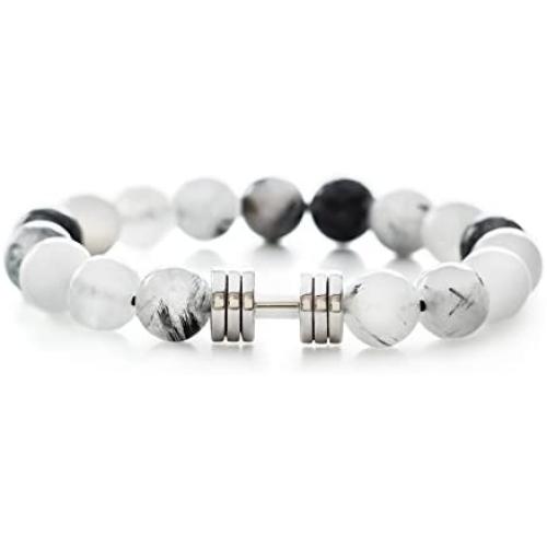 Rutile quartz Dumbbell bracelet Rhodium plated Fitness Gym Jewelry beaded bracelet