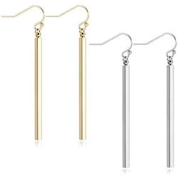 ANDPAI 2 Pairs Handmade Chic Minimalist Vertical Long Bar Dangle Earrings Gold Silver Plated Drop Line Geometric jewelry for Women Girls