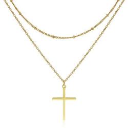 14K Gold Plated Cross Necklace for Women Girls Boys, Stainless Steel Cross Necklace Layered Girlfriend Anniversary Birthday Gifts, Dainty Pendant with Adjustable Chain