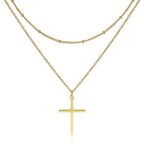 14K Gold Plated Cross Necklace for Women Girls Boys, Stainless Steel Cross Necklace Layered Girlfriend Anniversary Birthday Gifts, Dainty Pendant with Adjustable Chain