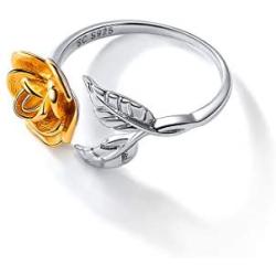 U7 Cute Ring for Women Teen Girls|3D Vivid Rose Flower End Wrap Ring Platinum Plated Adjustable Stacking Ring, Platinum Gold Rose Gold Color