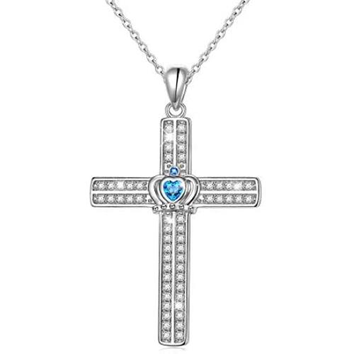 JZMSJF 925 Sterling Silver Faith Hope Cross Pendant Necklace Claddagh Celtic Faithful Jewelry Gift for Women Girls