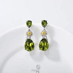 AOBOCO Sterling Silver, Green Peridot Dangle Earrings, Synthetic Simulated Gemstone Teardrop Dangle Earrings with Pear Shape Olivine Crystals