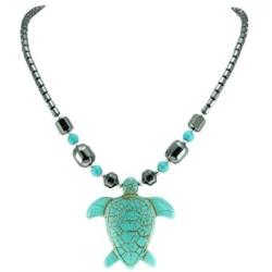 BlueRica Large Turquoise Sea Turtle Pendant on Hematite Beads Necklace