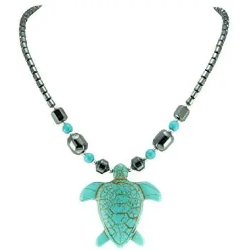 BlueRica Large Turquoise Sea Turtle Pendant on Hematite Beads Necklace BlueRica Large Turquoise Sea Turtle Pendant on Hematite Beads Necklace