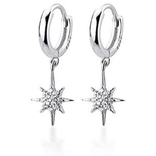 CZ Starburst Star Dangle Drop Earrings for Women Girls Sensitive Ear S925 Sterling Silver Hypoallergenic Sleeper Cuff Small Hoop Cartilage With Charm Crystal Dangling Gifts for Best Friend Birthday